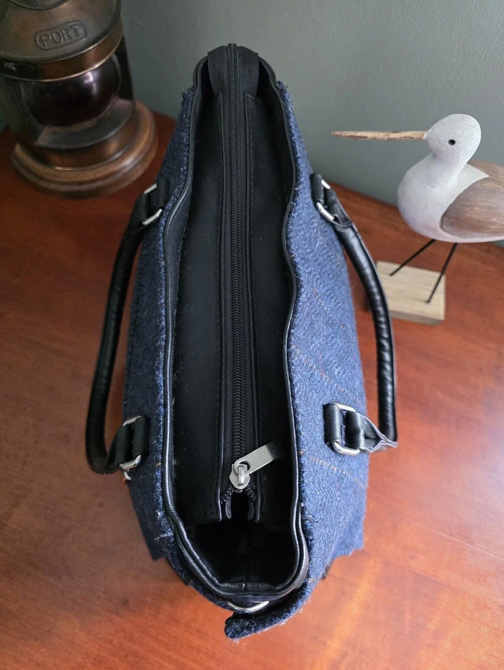 Mucros Weavers Emily Shoulder Tote Blue Black Herringbone Wool Leather Bag